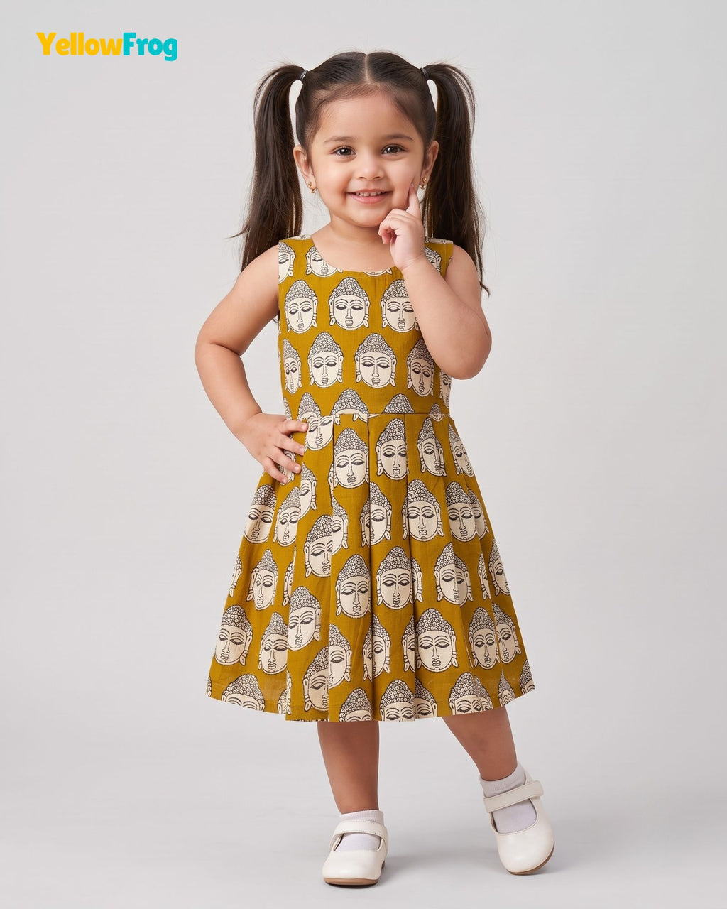 Girls Pure Cotton Kalamkari Dress- Mustard Olive with Off White Buddha Motif CF450