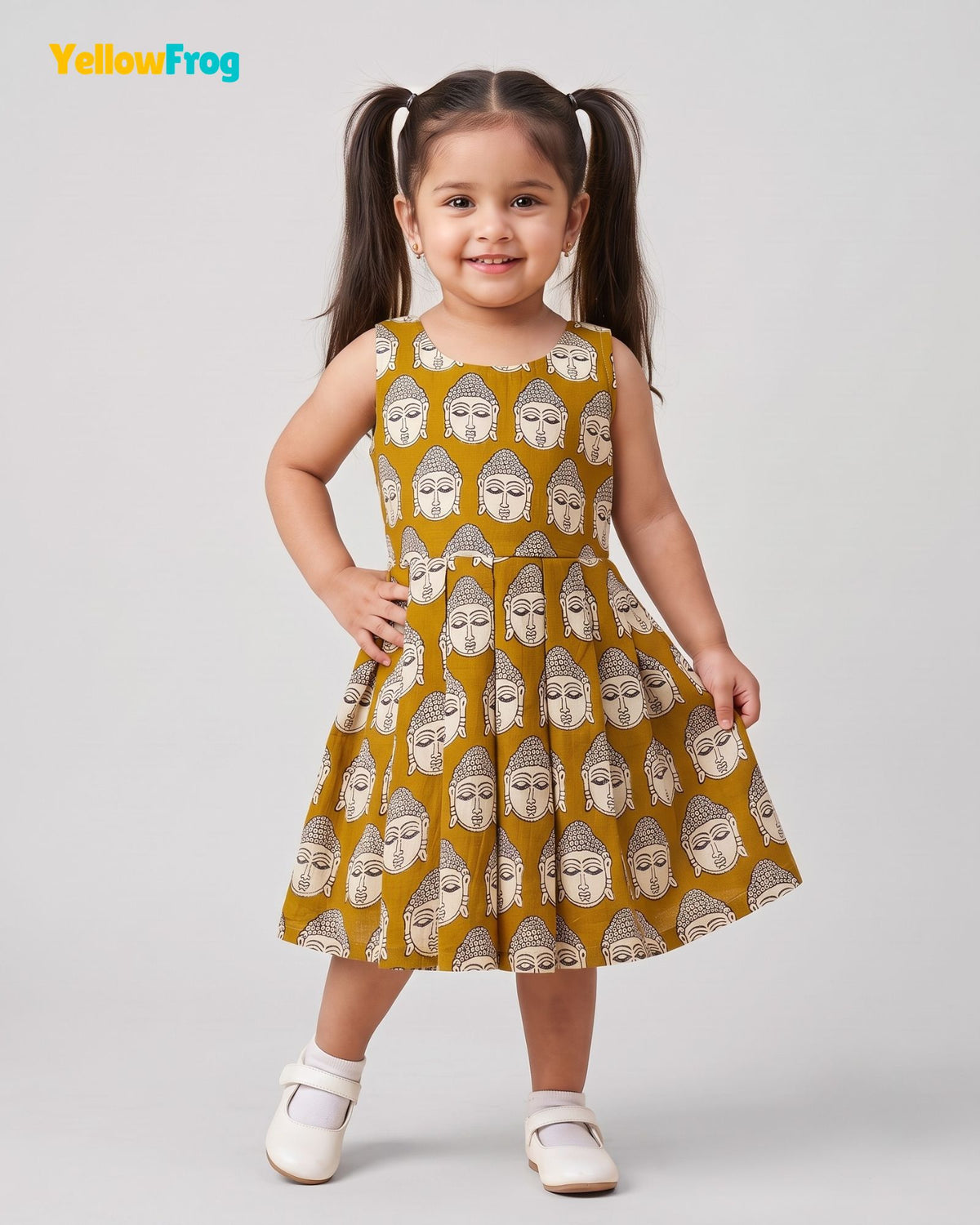 Girls Pure Cotton Kalamkari Dress- Mustard Olive with Off White Buddha Motif CF450