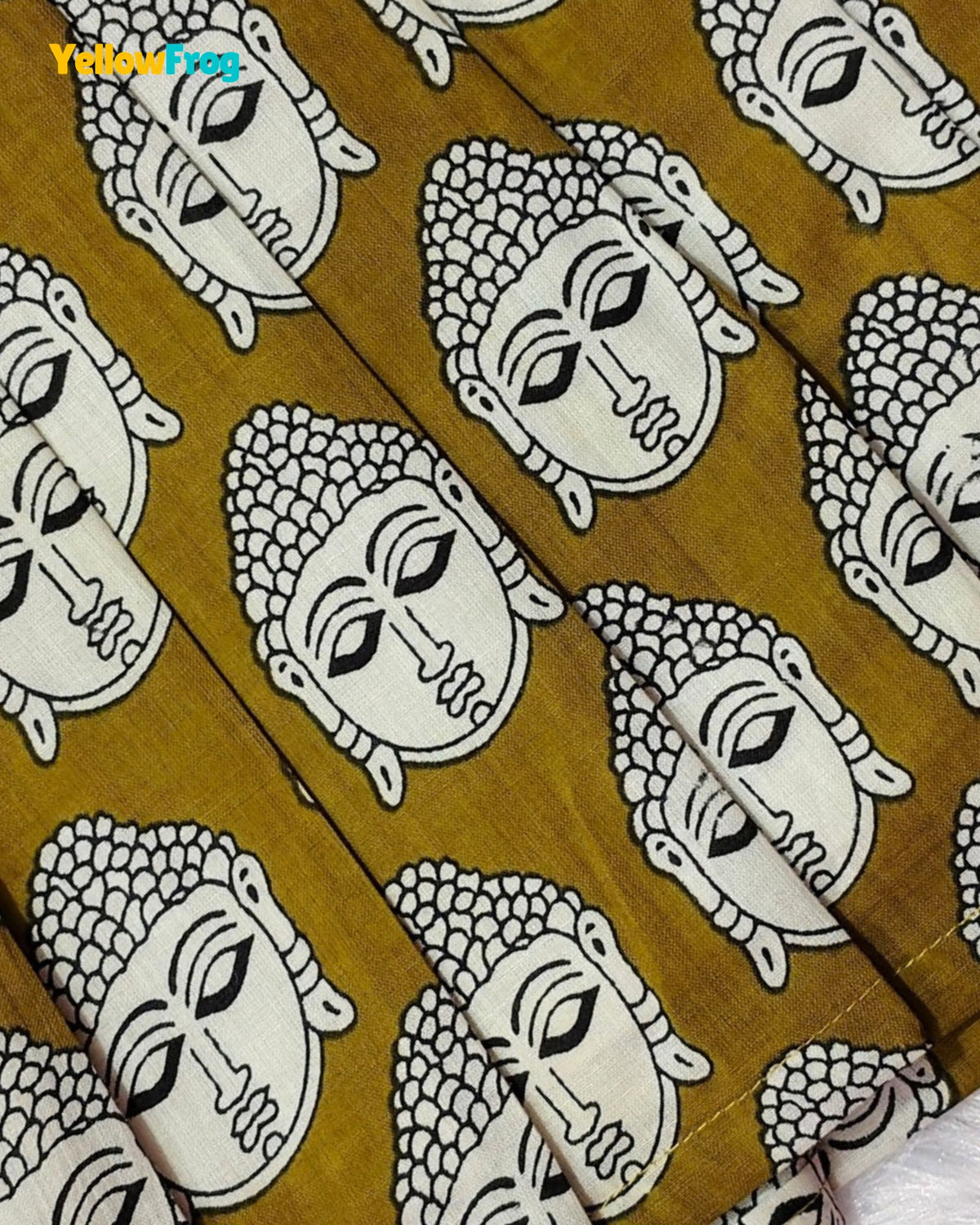 Girls Pure Cotton Kalamkari Dress- Mustard Olive with Off White Buddha Motif CF450