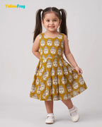 Girls Pure Cotton Kalamkari Dress- Mustard Olive with Off White Buddha Motif CF450