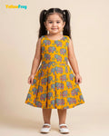 Girls Pure Cotton Kalamkari Dress - Orange with Turquoise & Pink Elephant Motif CF448
