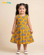 Girls Pure Cotton Kalamkari Dress - Orange with Turquoise & Pink Elephant Motif CF448