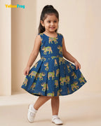 Girls Pure Cotton Kalamkari Dress - Royal Blue with Green & Sandal Elephant Motif CF446