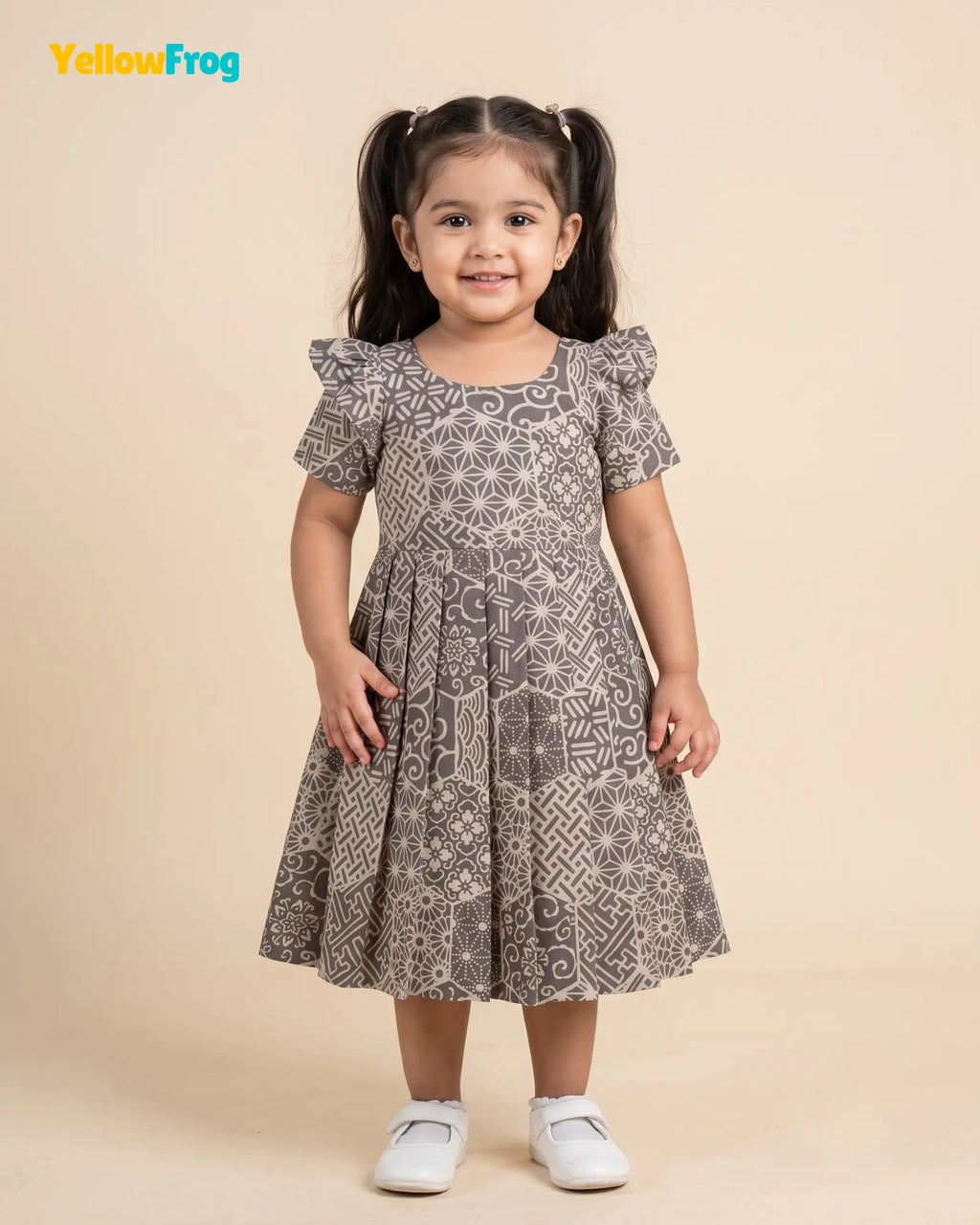 Girls Taupe Grey Hand block Geometric Print Cotton Frock -CF453