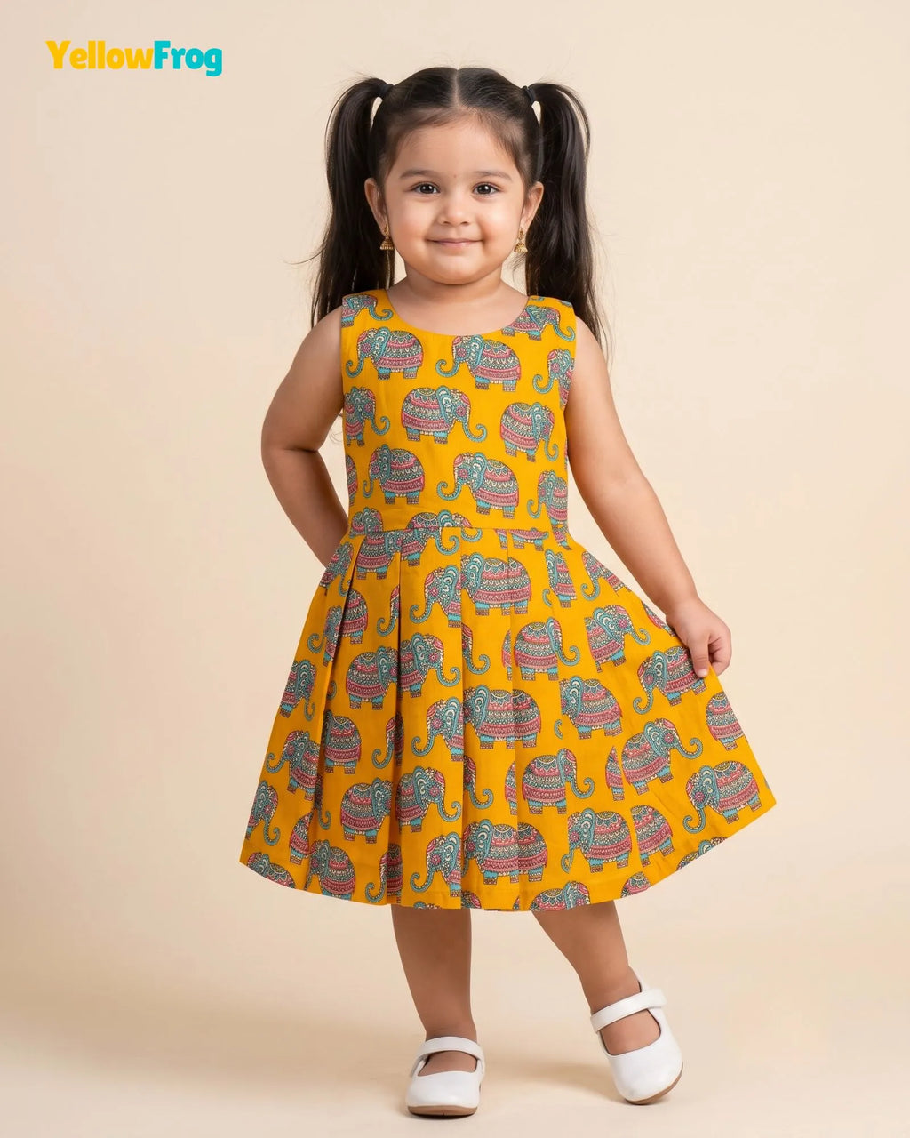 Girls Pure Cotton Kalamkari Dress - Orange with Turquoise & Pink Elephant Motif CF448