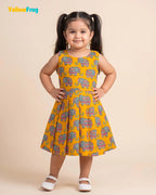 Girls Pure Cotton Kalamkari Dress - Orange with Turquoise & Pink Elephant Motif CF448