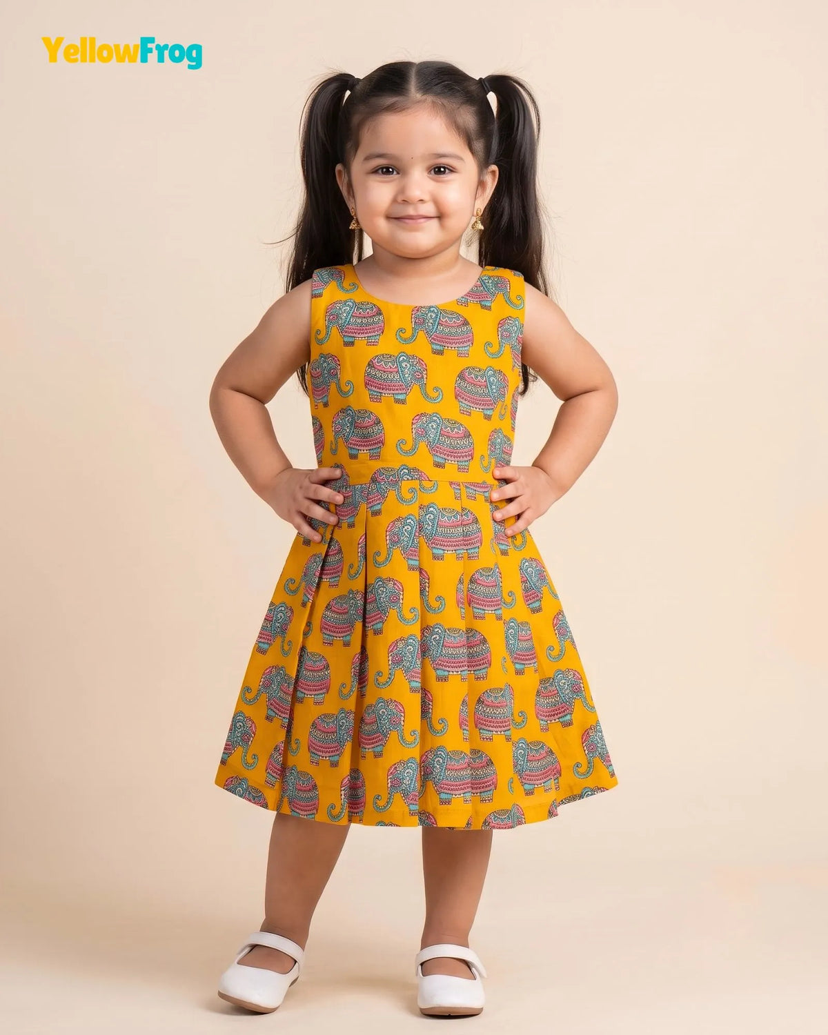 Girls Pure Cotton Kalamkari Dress - Orange with Turquoise & Pink Elephant Motif CF448