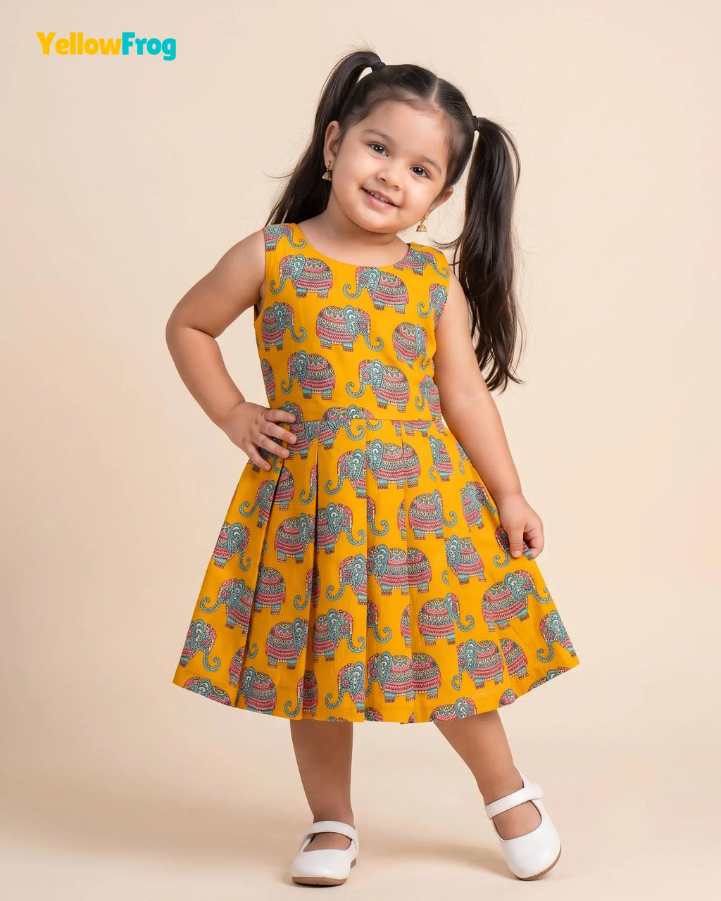Girls Pure Cotton Kalamkari Dress - Orange with Turquoise & Pink Elephant Motif CF448