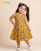 Girls Pure Cotton Kalamkari Dress - Orange with Turquoise & Pink Elephant Motif CF448