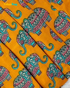 Girls Pure Cotton Kalamkari Dress - Orange with Turquoise & Pink Elephant Motif CF448
