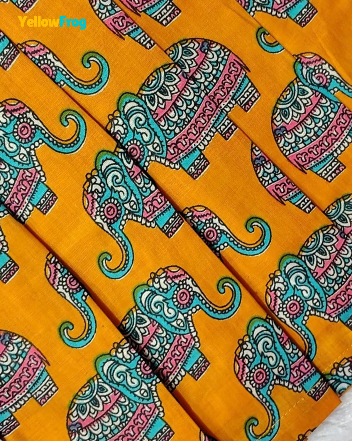 Girls Pure Cotton Kalamkari Dress - Orange with Turquoise & Pink Elephant Motif CF448