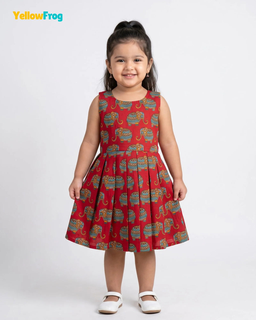 Girls Pure Cotton Kalamkari Dress - Crimson Red with Turquoise & Orange Elephant Motif CF447