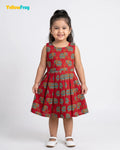 Girls Pure Cotton Kalamkari Dress - Crimson Red with Turquoise & Orange Elephant Motif CF447