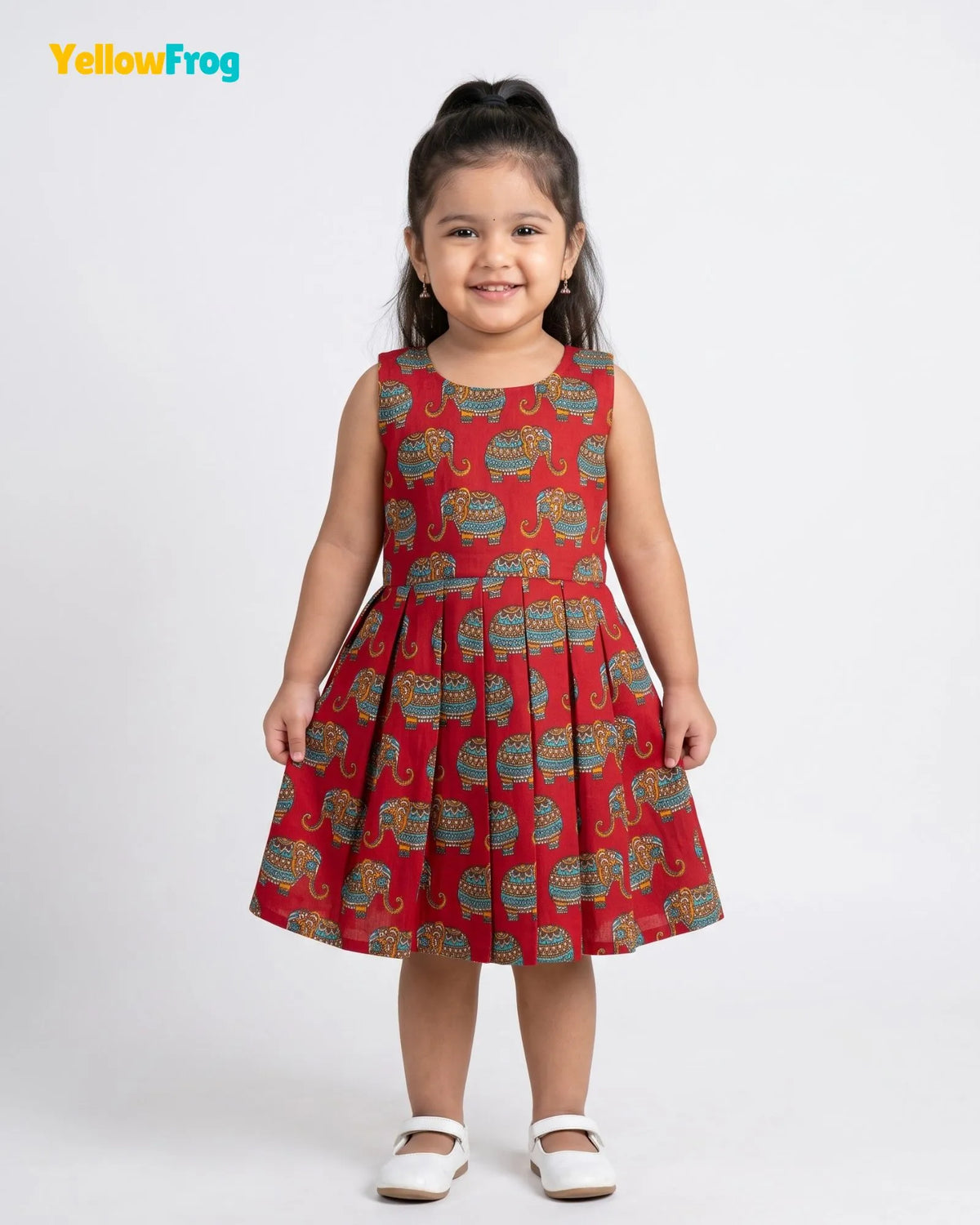 Girls Pure Cotton Kalamkari Dress - Crimson Red with Turquoise & Orange Elephant Motif CF447