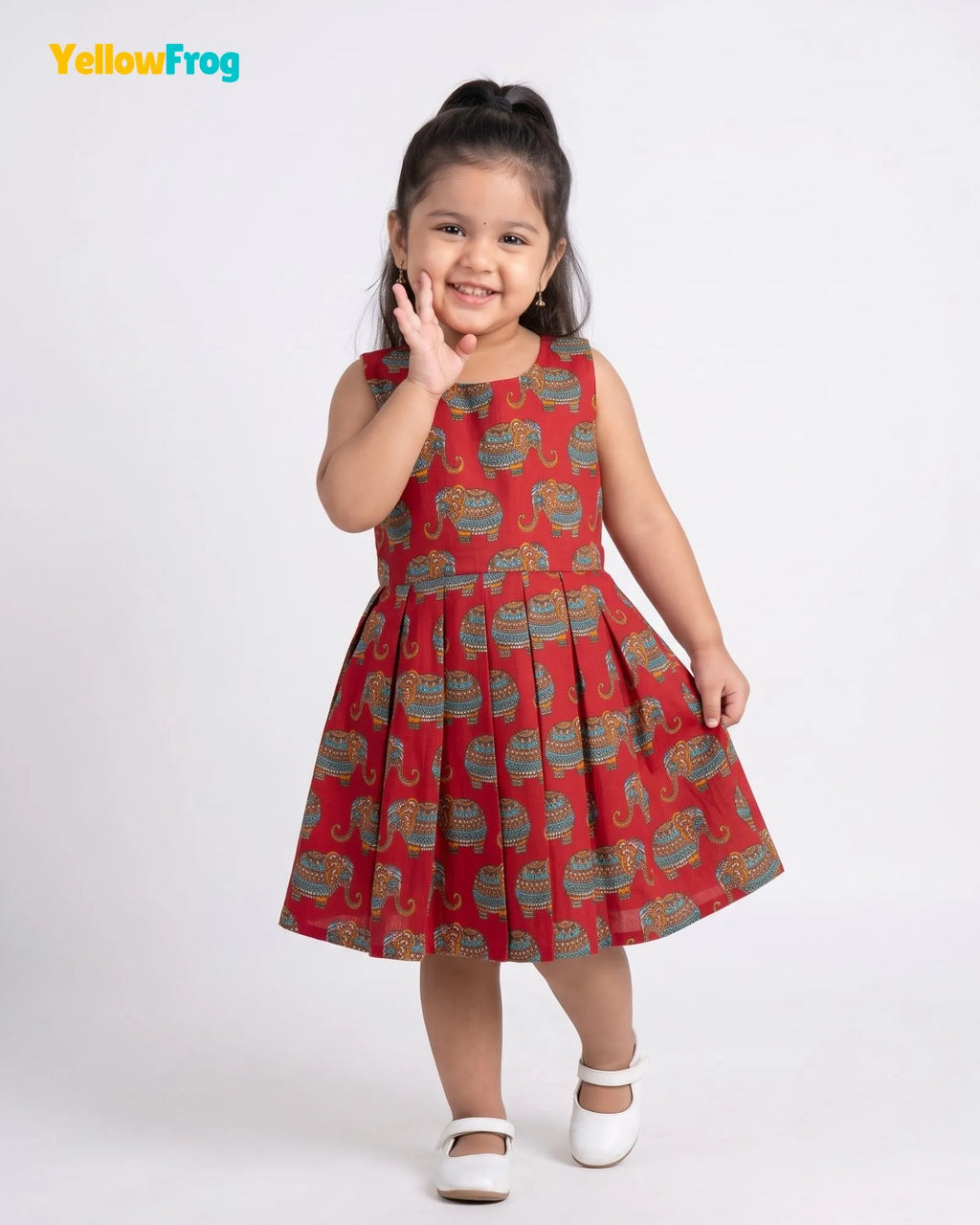 Girls Pure Cotton Kalamkari Dress - Crimson Red with Turquoise & Orange Elephant Motif CF447