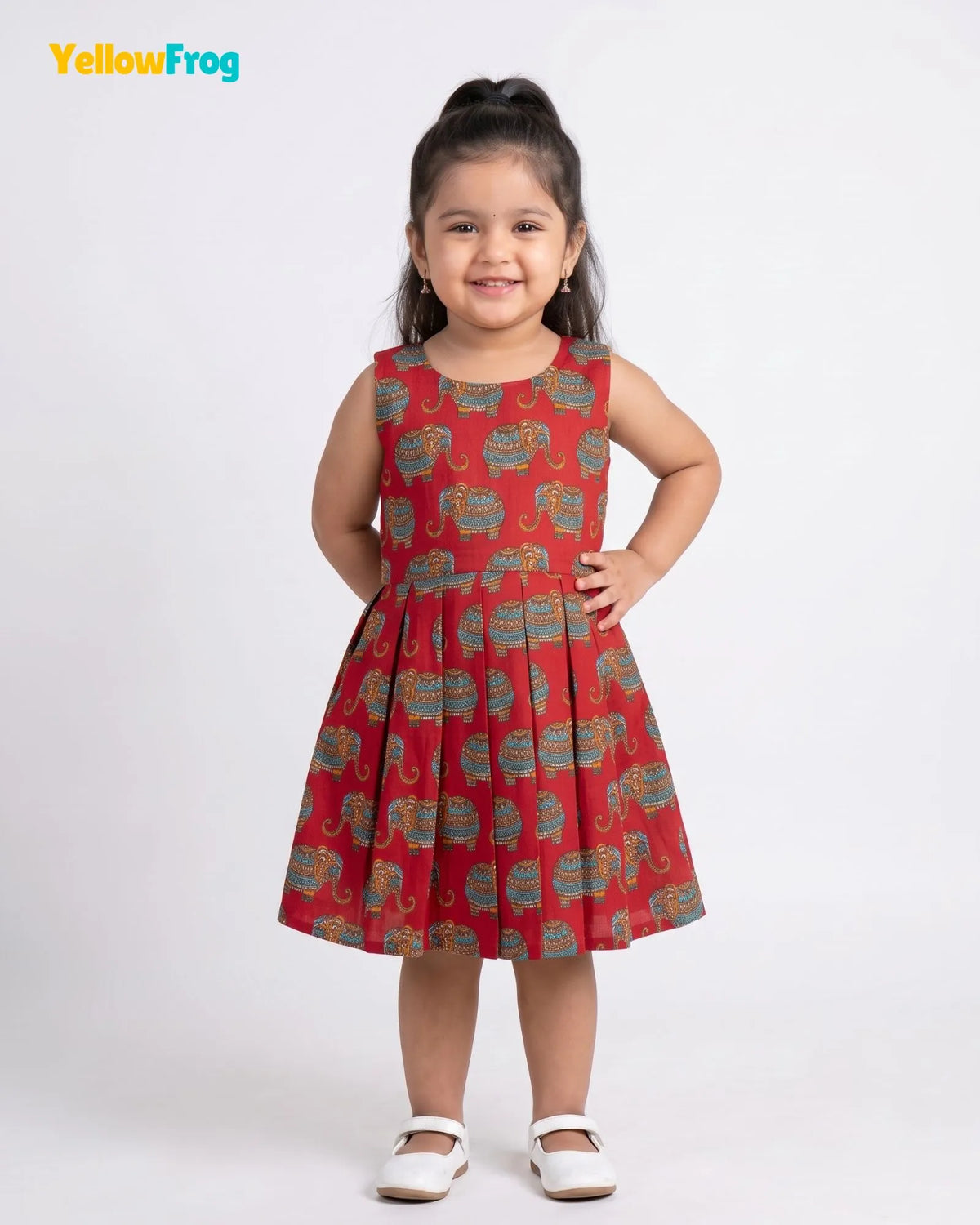 Girls Pure Cotton Kalamkari Dress - Crimson Red with Turquoise & Orange Elephant Motif CF447