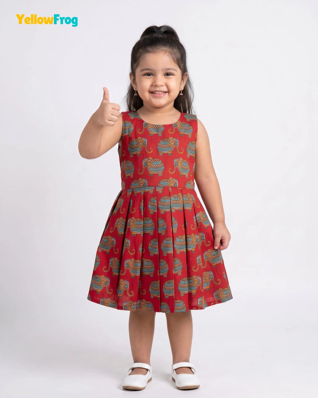 Girls Pure Cotton Kalamkari Dress - Crimson Red with Turquoise & Orange Elephant Motif CF447