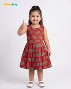 Girls Pure Cotton Kalamkari Dress - Crimson Red with Turquoise & Orange Elephant Motif CF447