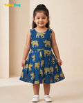 Girls Pure Cotton Kalamkari Dress - Royal Blue with Green & Sandal Elephant Motif CF446