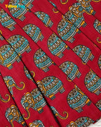 Girls Pure Cotton Kalamkari Dress - Crimson Red with Turquoise & Orange Elephant Motif CF447