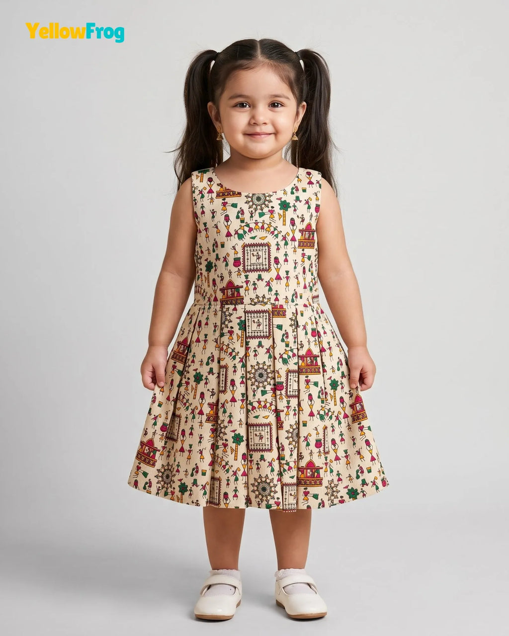 Girls Khadi Cotton Warli Art Dress - Off-White Cream with Multicolored Tribal Folk Print CF451