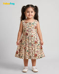 Girls Khadi Cotton Warli Art Dress - Off-White Cream with Multicolored Tribal Folk Print CF451