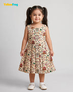 Girls Khadi Cotton Warli Art Dress - Off-White Cream with Multicolored Tribal Folk Print CF451