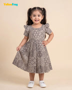 Girls Taupe Grey Hand block Geometric Print Cotton Frock -CF453