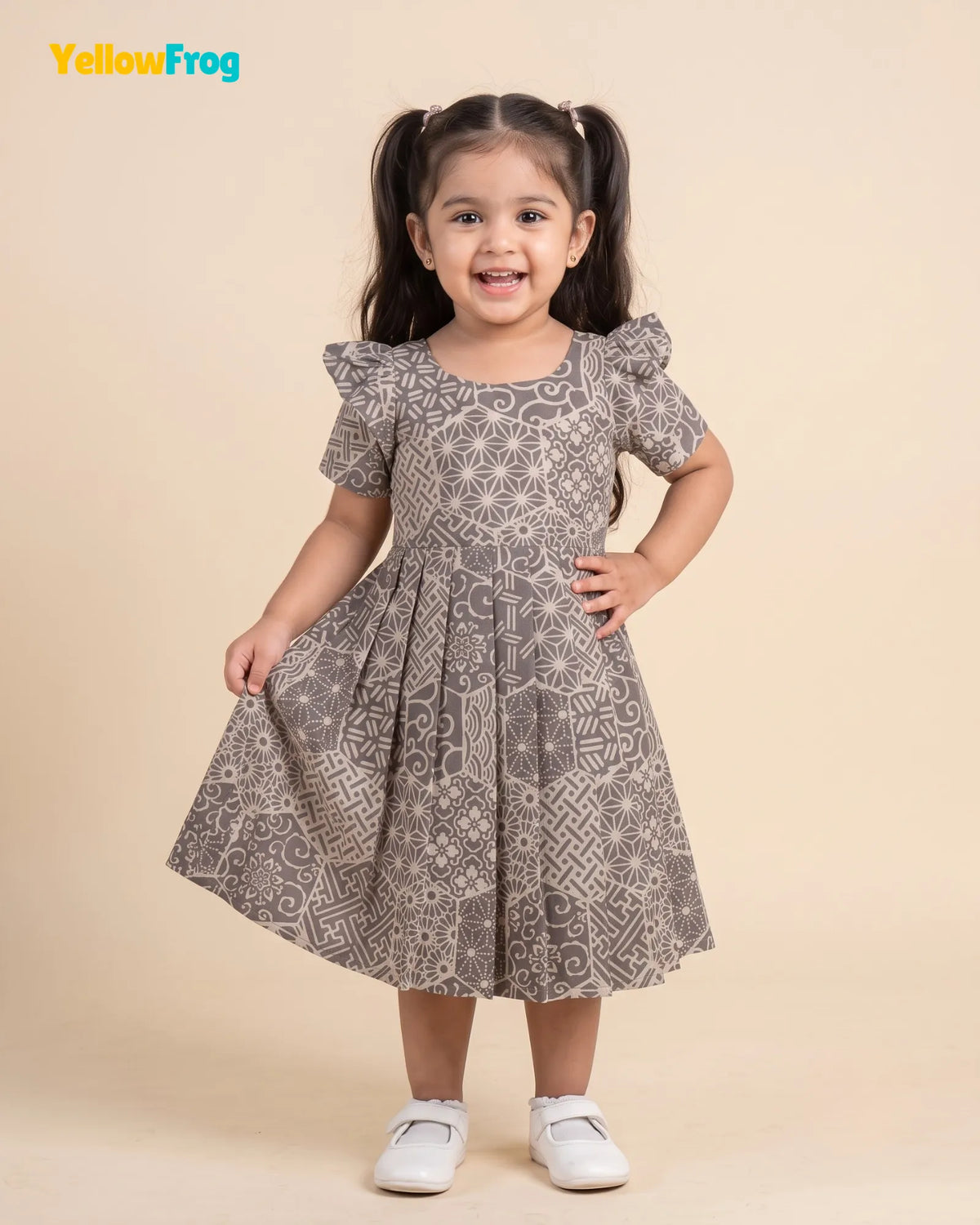 Girls Taupe Grey Hand block Geometric Print Cotton Frock -CF453
