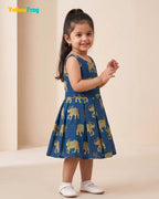 Girls Pure Cotton Kalamkari Dress - Royal Blue with Green & Sandal Elephant Motif CF446