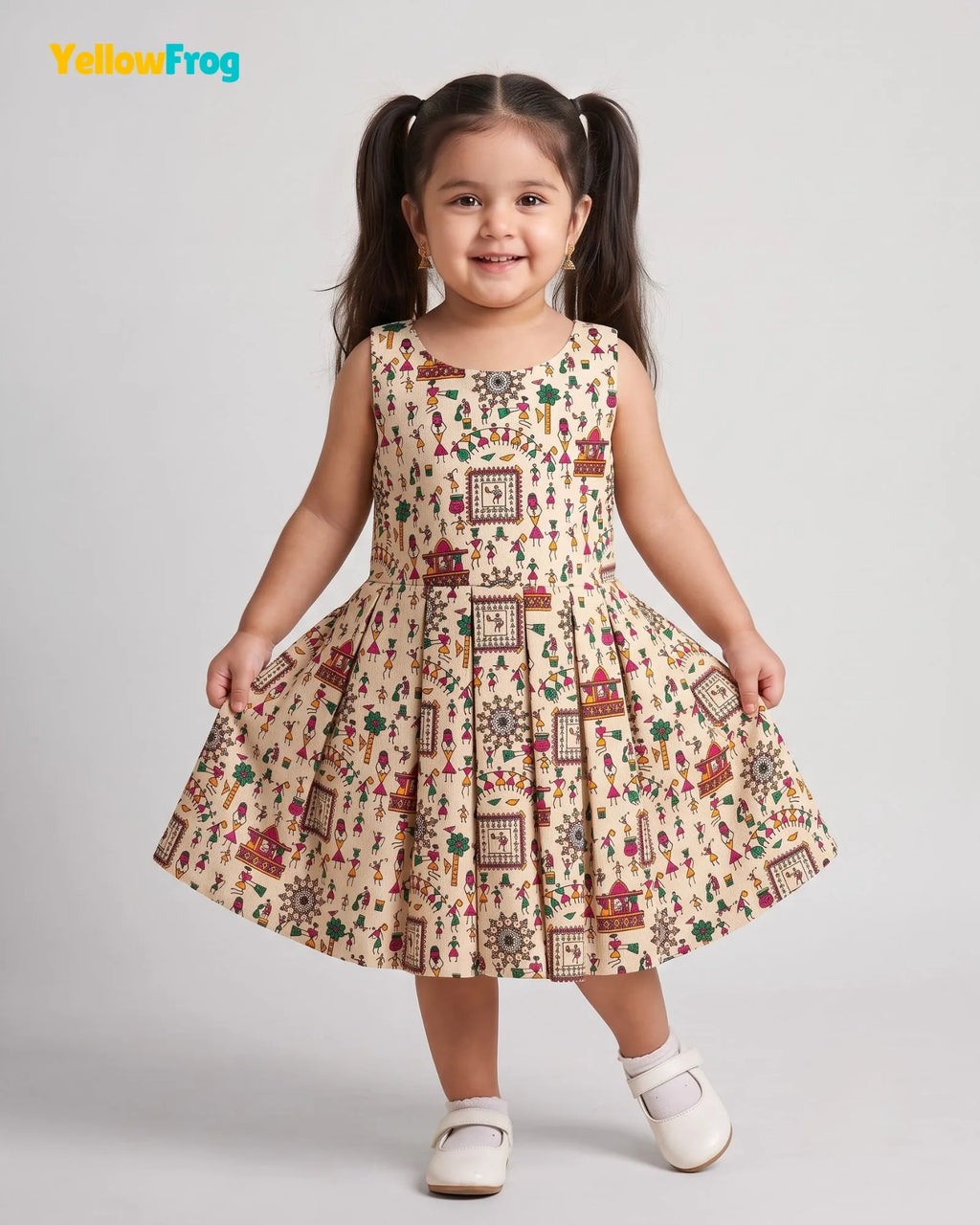 Girls Khadi Cotton Warli Art Dress - Off-White Cream with Multicolored Tribal Folk Print CF451