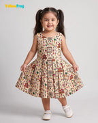 Girls Khadi Cotton Warli Art Dress - Off-White Cream with Multicolored Tribal Folk Print CF451