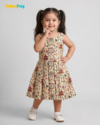 Girls Khadi Cotton Warli Art Dress - Off-White Cream with Multicolored Tribal Folk Print CF451