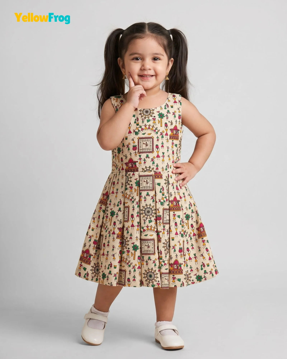 Girls Khadi Cotton Warli Art Dress - Off-White Cream with Multicolored Tribal Folk Print CF451