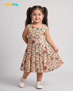 Girls Khadi Cotton Warli Art Dress - Off-White Cream with Multicolored Tribal Folk Print CF451