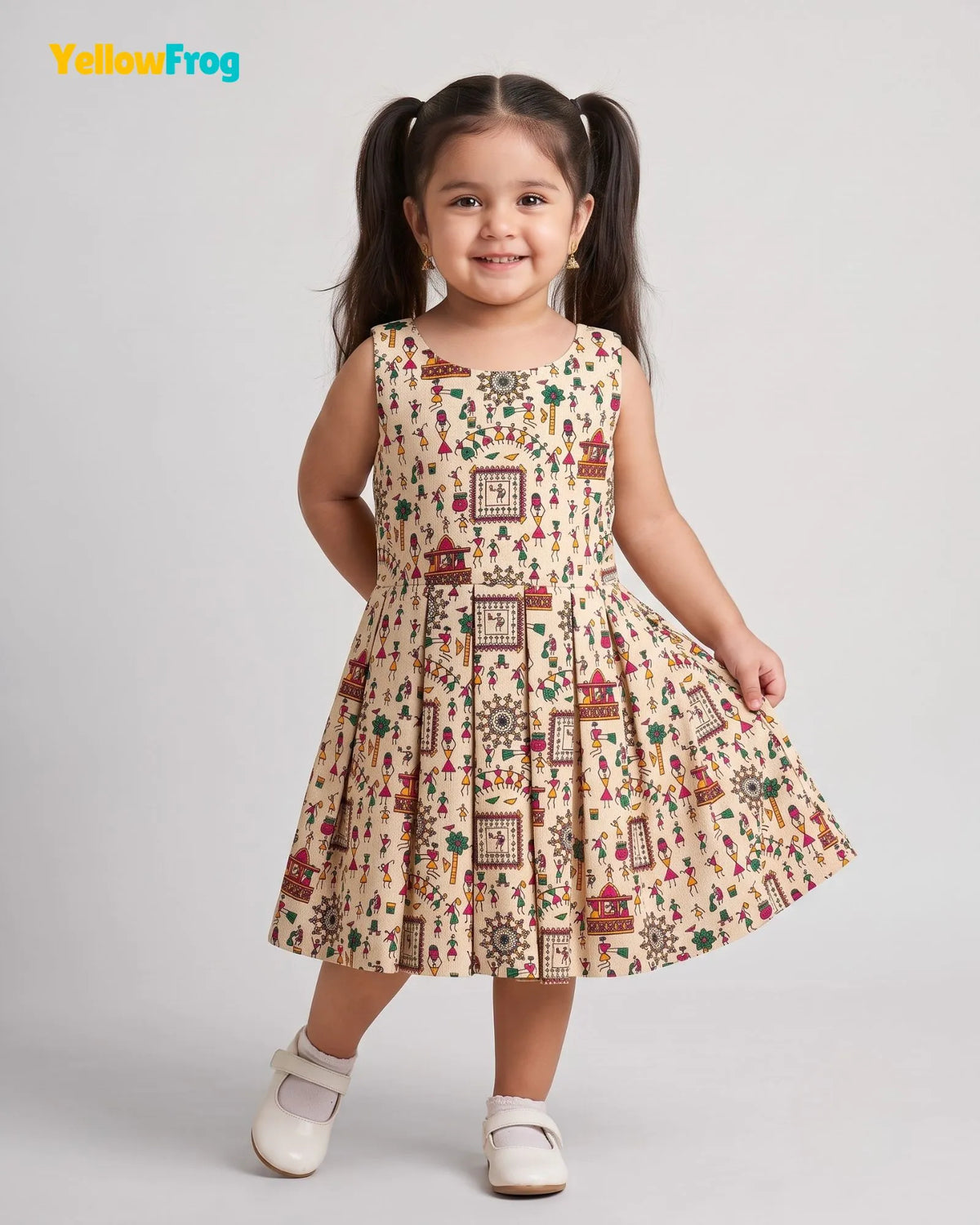 Girls Khadi Cotton Warli Art Dress - Off-White Cream with Multicolored Tribal Folk Print CF451