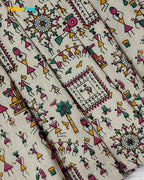 Girls Khadi Cotton Warli Art Dress - Off-White Cream with Multicolored Tribal Folk Print CF451