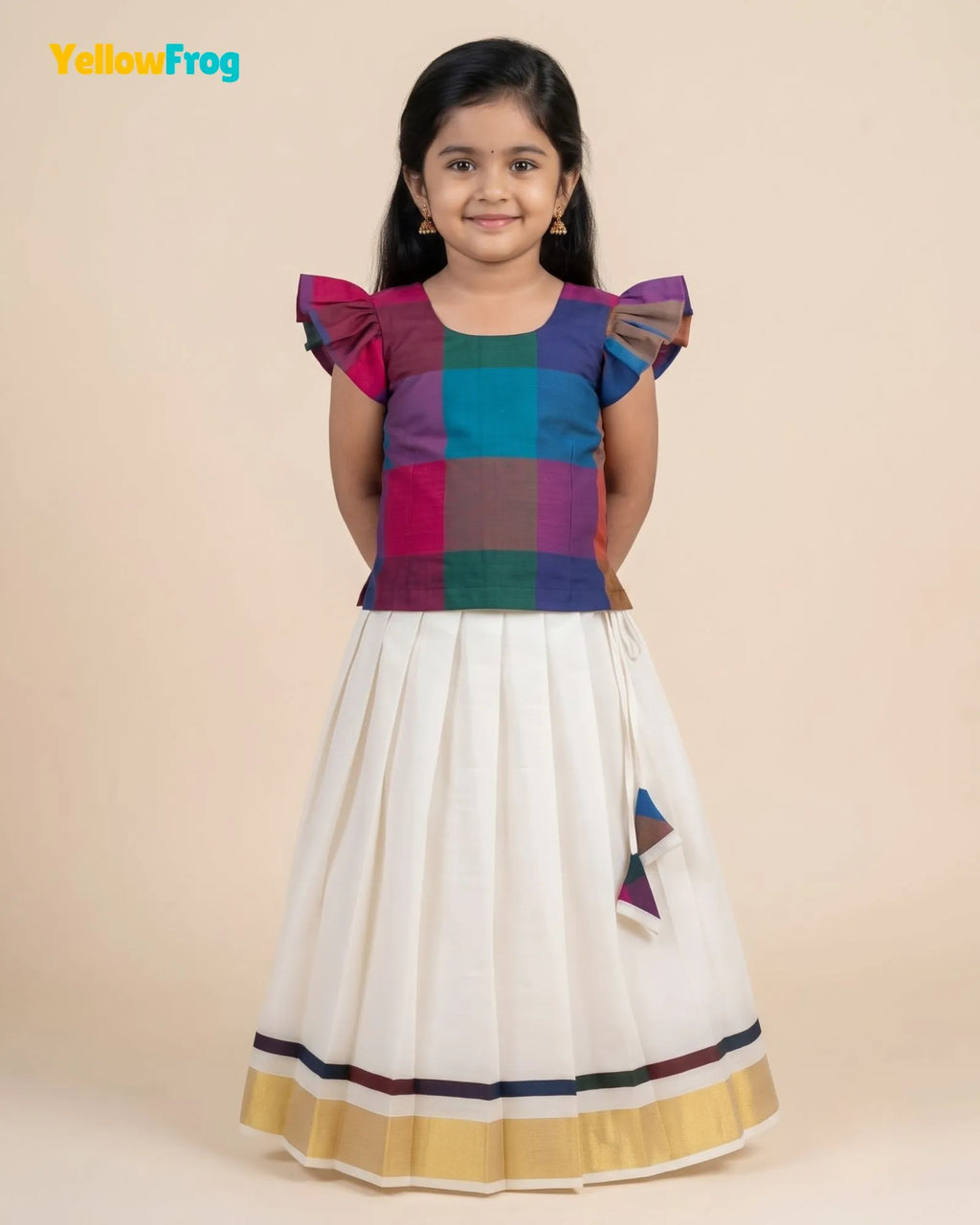 Madras Checks Kasavu Cotton Pavadai for Girls - Pure Cotton Set PPP2192