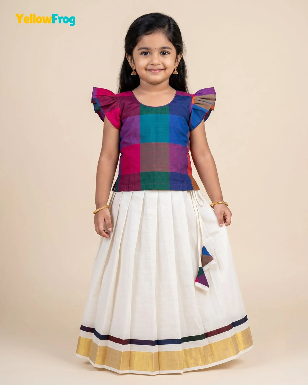 Madras Checks Kasavu Cotton Pavadai for Girls - Pure Cotton Set PPP2192