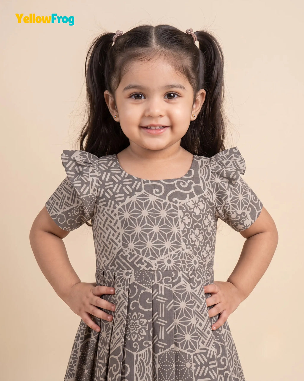 Girls Taupe Grey Hand block Geometric Print Cotton Frock -CF453