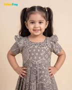 Girls Taupe Grey Hand block Geometric Print Cotton Frock -CF453