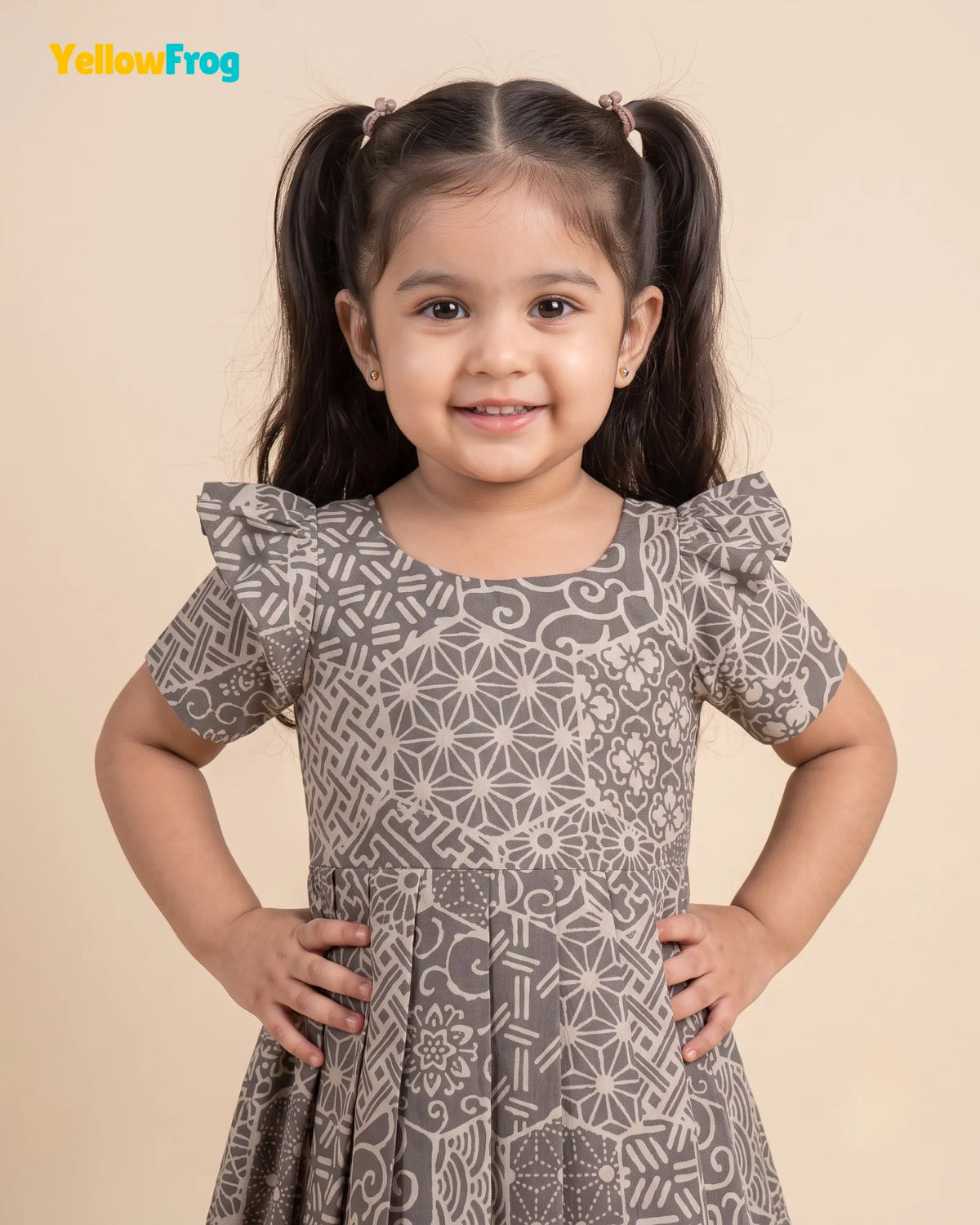 Girls Taupe Grey Hand block Geometric Print Cotton Frock -CF453