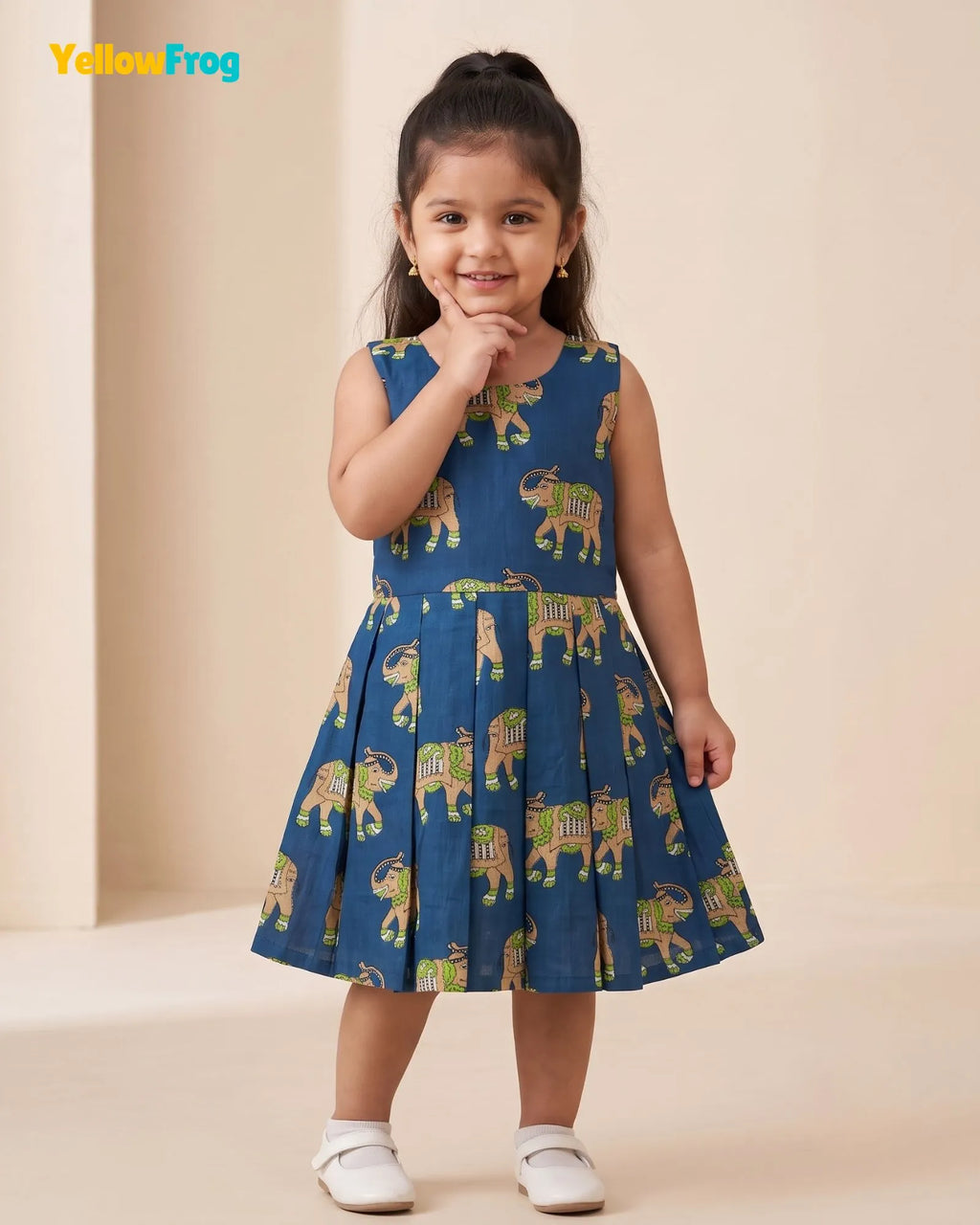 Girls Pure Cotton Kalamkari Dress - Royal Blue with Green & Sandal Elephant Motif CF446