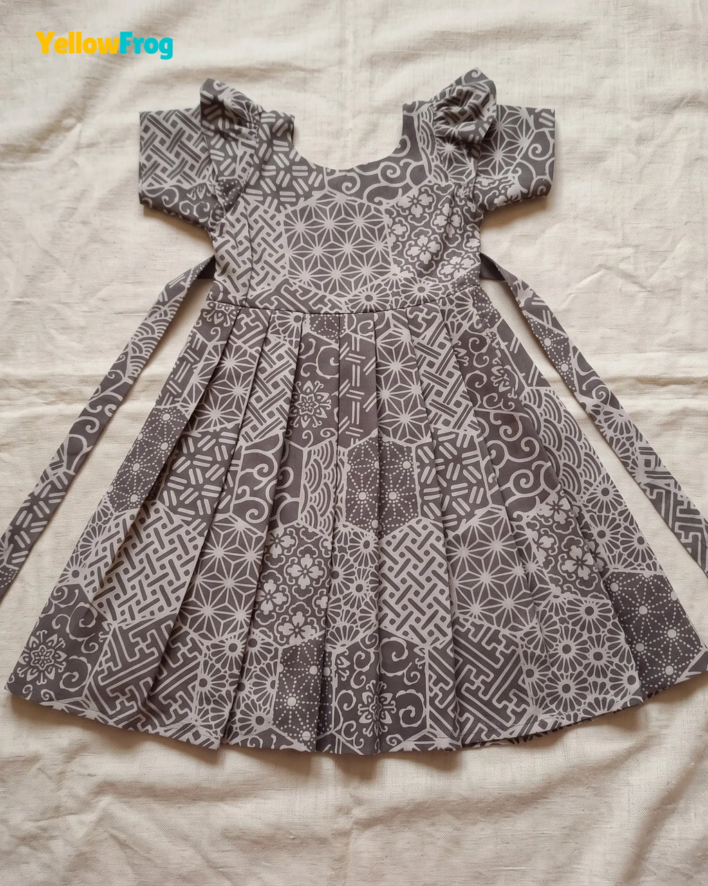 Girls Taupe Grey Hand block Geometric Print Cotton Frock -CF453