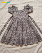 Girls Taupe Grey Hand block Geometric Print Cotton Frock -CF453