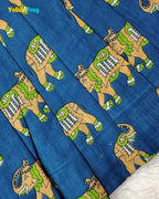 Girls Pure Cotton Kalamkari Dress - Royal Blue with Green & Sandal Elephant Motif CF446