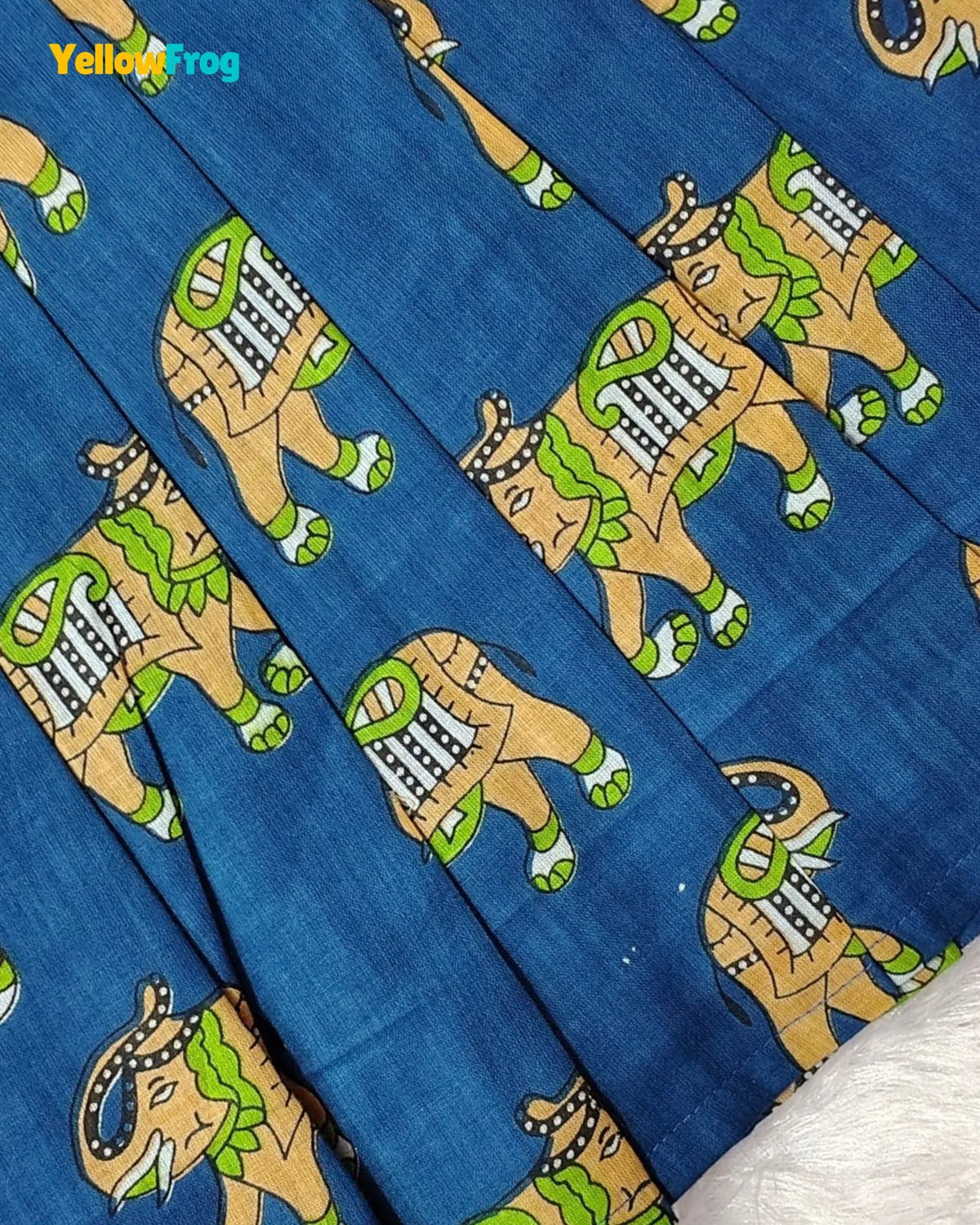 Girls Pure Cotton Kalamkari Dress - Royal Blue with Green & Sandal Elephant Motif CF446