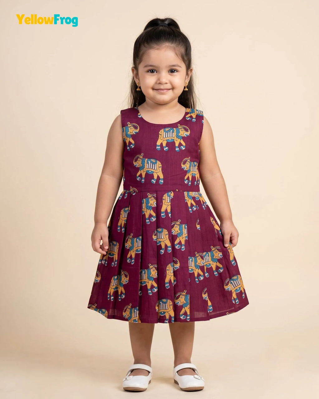 Girls Pure Cotton Kalamkari Dress - Plum Purple with Turquoise & Sandal Elephant Motif CF449