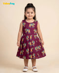Girls Pure Cotton Kalamkari Dress - Plum Purple with Turquoise & Sandal Elephant Motif CF449