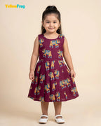 Girls Pure Cotton Kalamkari Dress - Plum Purple with Turquoise & Sandal Elephant Motif CF449